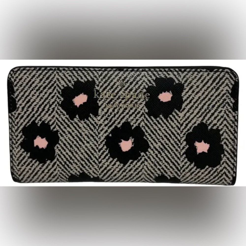 Kate Spade Staci Herringbone Black Leather Large Slim Bifold Wallet